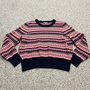 J Crew Shrunken Fair Isle Crewneck Sweater XL Preppy Hearts Holiday Cozy Winter